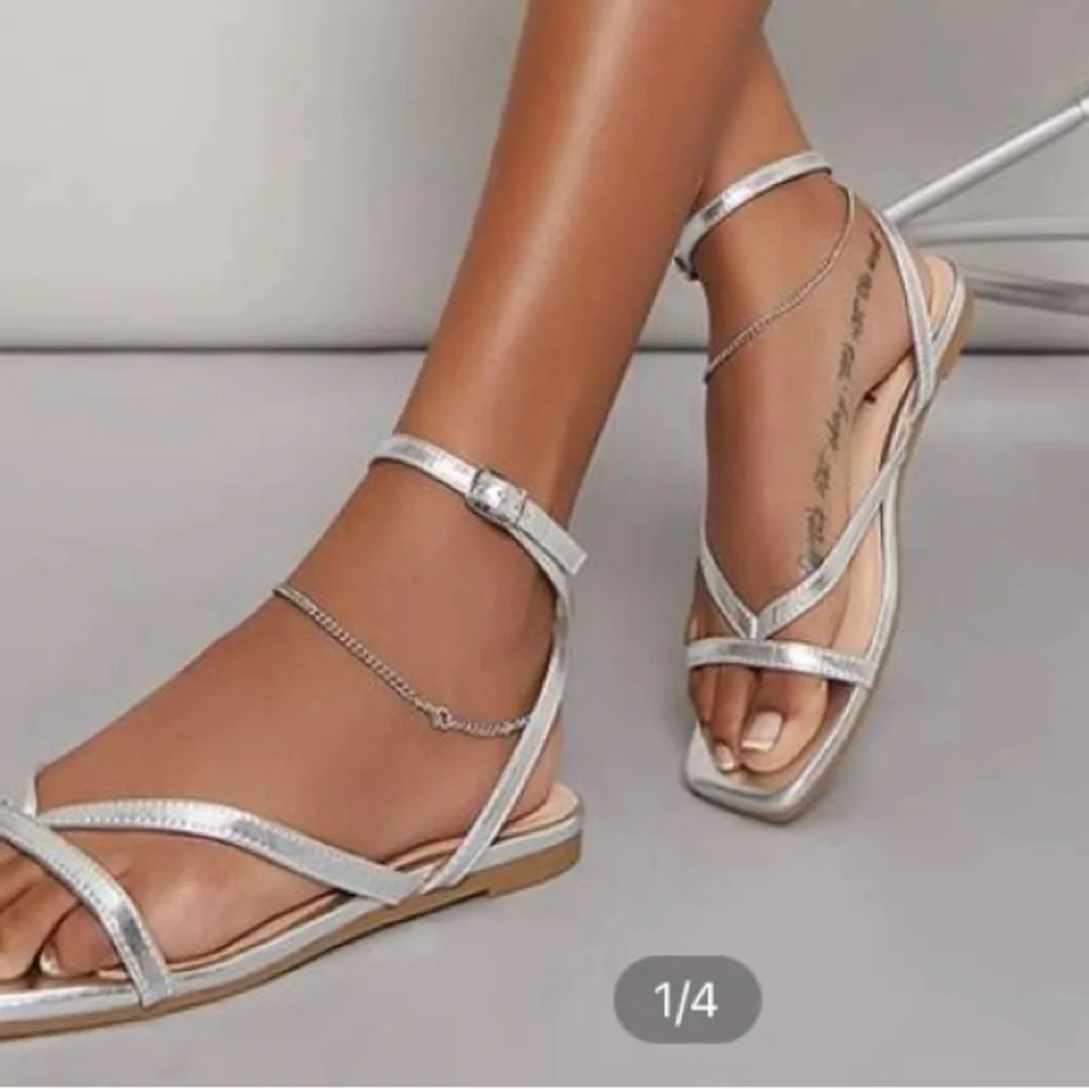 🤍New! Shein Silver Ankle Strap Flat Sandals